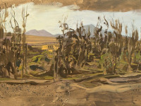 Ricardo Wiesse. Casa de las vírgenes del sol, óleo sobre tela, 70 x 120 cms. 2016